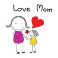 Daughter give flower mother with word love mom hand drawn