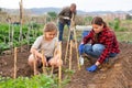 Daughter helps mother clean weeds in farmer garden beds