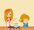 Daughter helps mother cook soup