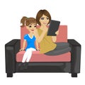 Daughter and her mother with tablet computer sitting on a sofa