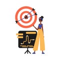 The daughter holds in his hand a target with arrow that hit the center. Trendy style, Vector Illustration