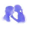 Daughter kissing her father silhouette plus abstract watercolor painted. Happy father`s day. Digital art painting. Vector