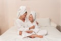 Daughter love bath mom dries smiling thinks elbows smile bed, for white morning from pretty for hotel spa, pirate