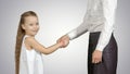 Daughter and mother hand shake on white background