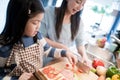 Daughter and mother preparing the sandwich and salad for breakfast in kitchen.