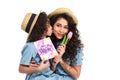 daughter with mothers day greeting card and tulip kissing her mother Royalty Free Stock Photo