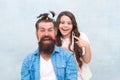 Daughter playing with hair. Ideas to entertain kids during quarantine. Happy childhood. Upbringing happy daughter Royalty Free Stock Photo