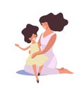 The daughter sits on her mother's lap, a happy family plays. The woman hugs the girl. Flat vector illustration