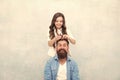 Daughter style, you smile. Little daughter stylist. Small daughter hairstyle fathers hair. Happy family. Cute