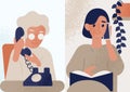 Daughter talking with her elderly mother or granny on telephone. Family distant conversation, dialog. Women communicate