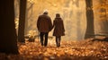 Daughter walking with her senior dad and his walking aids in autumn forest Royalty Free Stock Photo