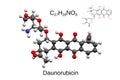 Chemical formula, structural formula and 3D ball-and-stick model of the anticancer drug daunorubicin, white background