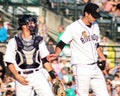 Dave Palladino and catcher Radley Haddad, Charleston RiverDogs