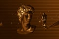 Michelangelo`s David bust. Retrofuturistic style 3D rendered illustration with David and mannequins.