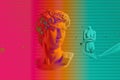 Michelangelo`s David bust. Retrofuturistic style 3D rendered illustration with David and mannequins.