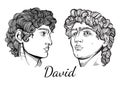 David. The mythological hero of ancient Greece. Hand-drawn beautiful vector artwork isolated. Myths and legends. Tattoo art.