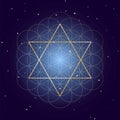 David Star with Flower of Life, on starry sky background, symbols of sacred geometry