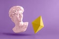 David statue antique pop art and cryptocurrency symbol Ethereum in vaporwave and cyberpunk style on a purple background