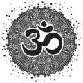 Dawali spiritual sign Om with high-detailed round Mandala. Black and white beautiful vector art. Print, tattoo element, yoga.