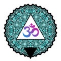 Dawali spiritual sign Om inside triangle with high-detailed round Mandala pattern. Beautiful indian vector art. Print, tattoo art.