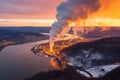 Dawn aerial view of metallurgical plant emitting smoke and smog, causing environmental damage