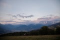 Dawn Alps mountains France, snowy peaks in fog, summer sunset Chamonix Mont Blanc France