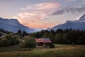 Dawn Alps mountains France, snowy peaks in fog, summer sunset Chamonix Mont Blanc France