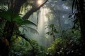 dawn breaking through the fog in the rainforest canopy