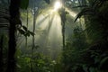 dawn breaking through the fog in the rainforest canopy