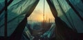 Dawn Breaking Over a Temporary Refugee Camp Seen from Inside a Tent. Generative ai