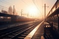 Dawn breaking over a train depot