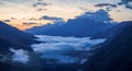 Dawn in the Caucasus Mountains, above the clouds, panorama Royalty Free Stock Photo