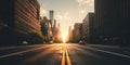 Dawn in the City: Straight Endless Road in Early Morning New York. Generative ai