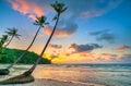 Dawn on a deserted beach with beautiful leaning coconut trees facing the sea Royalty Free Stock Photo