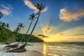 Dawn on a deserted beach with beautiful leaning coconut trees facing the sea Royalty Free Stock Photo