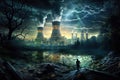 The Dawn of Energy: A captivating morning scene featuring a nuclear power plant, rising sun rays, generative ai