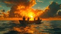 Dawn Fishing Adventure: Anglers Against a Fiery Sunrise Royalty Free Stock Photo