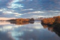 Dawn in a fog on the river. Autumn morning. A fog over water. The sun in a fog. Early morning sunrise glow and rising mist Royalty Free Stock Photo