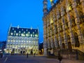 Dawn in Grote Markt Main Market square with the illuminated City Hall in Leuven, Belgium Royalty Free Stock Photo