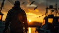 Dawn at harbor, silhouette of a fisherman carrying nets against the orange sky. A day in the hard life of professional fishermen Royalty Free Stock Photo