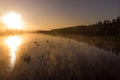 Dawn on the lake, filmed from a height, steam over water. Landscape in the forest Royalty Free Stock Photo