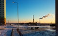 Dawn landscape with thermal power plant, winter time