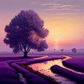 Dawn lavender field lonely tree beside river digital art Royalty Free Stock Photo