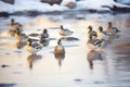 dawn light casting golden hues on ducks on ice Royalty Free Stock Photo
