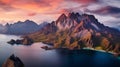 Dawn light over mountain range in wide angle view