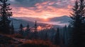 dawn light over the Rocky Mountains with a layer of morning mist, new day awakening, vibrant oranges and purples of dawn