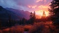 dawn light over the Rocky Mountains with a layer of morning mist, new day awakening, vibrant oranges and purples of dawn