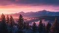 dawn light over the Rocky Mountains with a layer of morning mist, new day awakening, vibrant oranges and purples of dawn