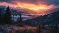 dawn light over the Rocky Mountains with a layer of morning mist, new day awakening, vibrant oranges and purples of dawn