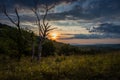 Dawn in the mountains. The sun rises from behind the mountains. Beautiful green hills and green valley. Little sleeping town. A Royalty Free Stock Photo